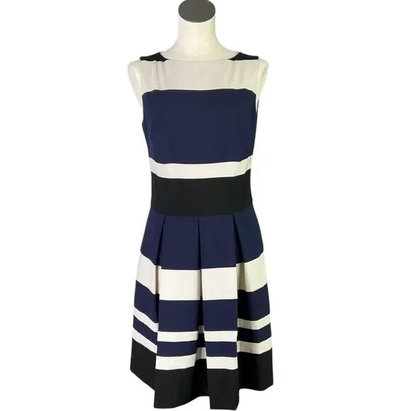 Lauren Ralph Lauren Fit Flare Dress Women 8 Blue Colorblock Stripes Sleeveless - Picture 1 of 7